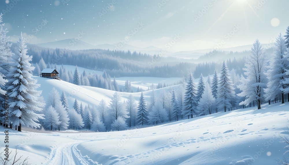 Obraz premium Peaceful winter landscape with snow-covered trees and cozy cabin under soft sunlight