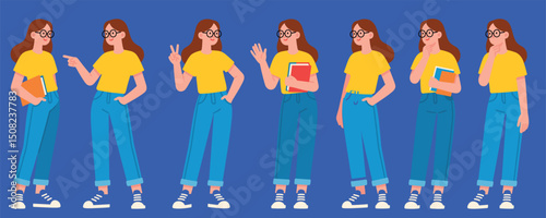 Vector illustration of young woman in casual outfit showing various gestures and poses holding books, trendy glasses, standing isolated on blue background design