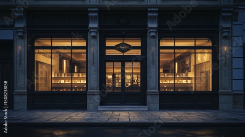 A nighttime view of a fancy, empty shop.  Large windows are visible in a 3D image.
