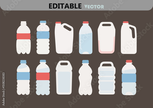 Collection of Vector Plastic Bottles and Containers for Water Milk Juice and Other Liquids with Different Shapes and Sizes on Brown Background