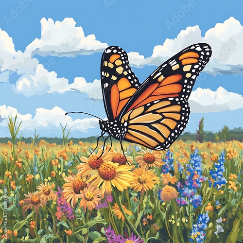 Monarch butterfly amidst a vibrant meadow of wildflowers.