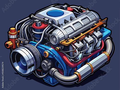 A clean vector of an open car engine with metallic textures and wires, placed on a dark background