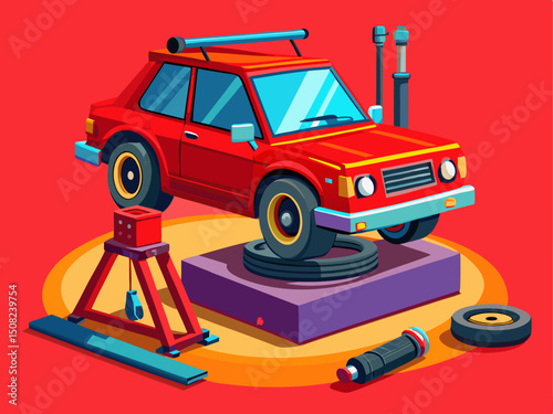 A realistic vector of a vehicle on a red jack stand with tools and a missing wheel, shown on a solid background
