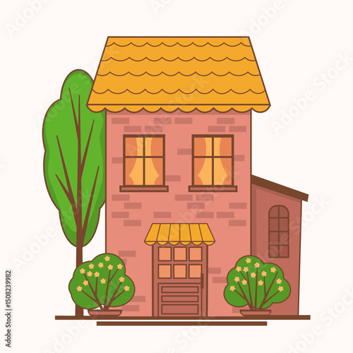 Cute brick house with tile roof, tree and flowering bushes, vector illustration isolated on white background