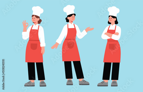 Three cheerful female chefs wearing white hats red aprons black pants standing on blue background cooking teamwork restaurant kitchen culinary profession, flat vector illustration