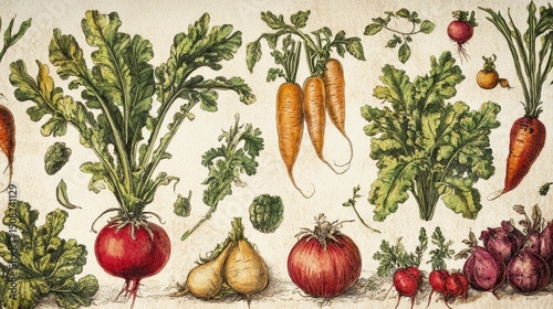 1800's color pen and ink illustrations of garden vegtables and types on a cream colored background --