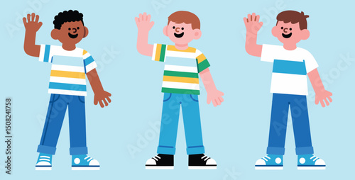 Vector illustration of three diverse boys waving hand happily standing separately with casual clothes sneakers on light blue background isolated flat design