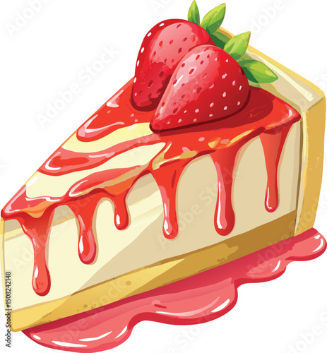 Strawberry Cheesecake Slice Illustration: Delicious Dessert Clipart, Sweet Treat Graphic, Food Icon, Watercolor Style Image