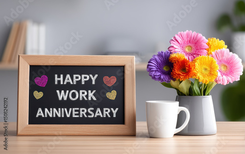 Happy work anniversary message on chalkboard with colorful flowers and white cup on wooden table for celebration