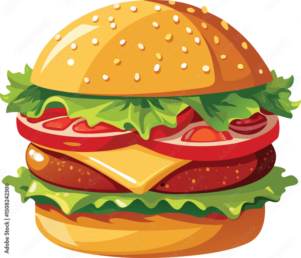 Cartoon Hamburger Vector Image: Delicious Cheeseburger with Lettuce, Tomato, and Sesame Seed Bun Illustration Cartoon Hamburger Vector Image: Delicious Cheeseburger with Lettuce, Tomato, and Sesame Seed Bun Illustration