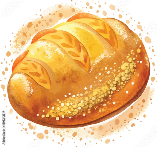 Watercolor Loaf of Bread Illustration: Fresh Baked Golden Crust with Decorative Wheat Pattern, Food Art Print, Bakery Concept