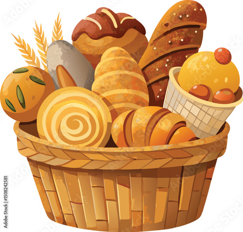 Basket of Freshly Baked Bread: Assorted Breads, Pastries, Rolls, and Wheat Stalks in a Woven Basket - Bakery Illustration