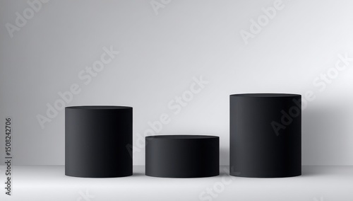 Three black cylindrical podiums against a white background
