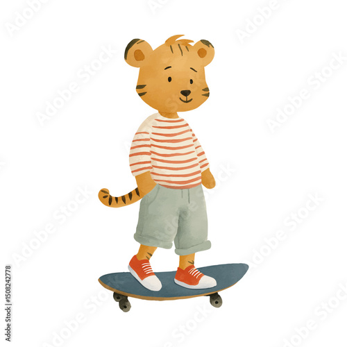 watercolor illustration of a cute tiger with clothes on a skateboard on transparent background