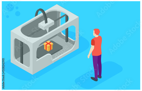 Modern isometric illustration of 3d machine making product