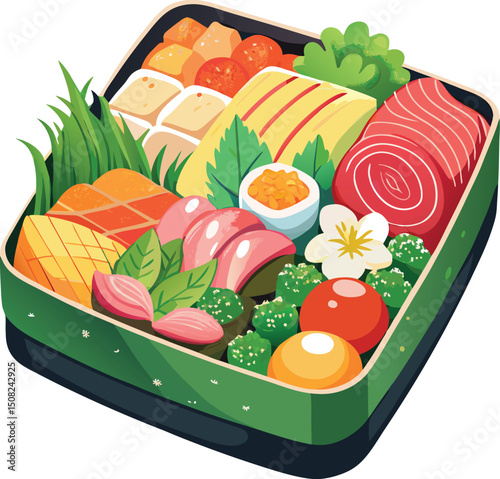 Japanese Bento Box Illustration: Colorful Sushi, Sashimi, Tamagoyaki, & Rice Balls - Traditional Asian Cuisine Art