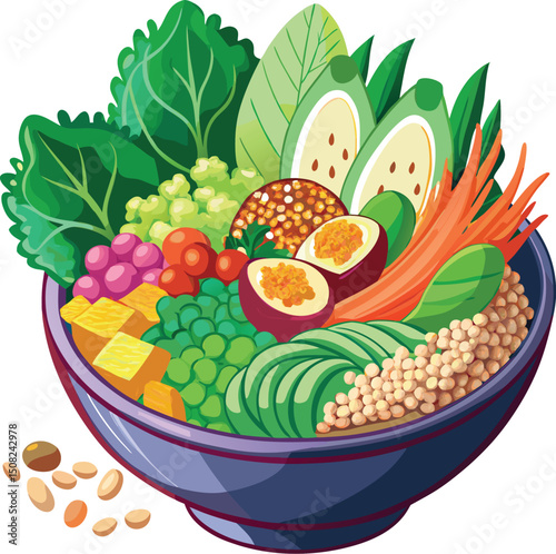 Colorful Vegan Buddha Bowl Illustration: Healthy Plant-Based Meal with Fresh Vegetables, Fruits, & Grains for Diet & Nutrition
