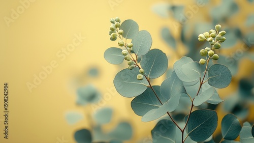 Green Eucalyptus Branch With Round Leaves Against A Soft Yellow Background Creating A Fresh Atmosphere