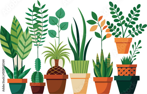 Houseplants in Pots Vector Illustration: Collection of Indoor Plants, Greenery, Home Decor, Botanical Art, Modern Flat Design