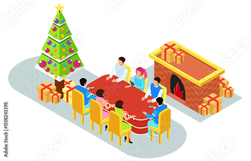 isometric illustration of Christmas celebration with family, eating together at the table accompanied by a fireplace and Christmas tree