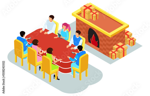 isometric illustration of Christmas celebration with family, eating together at the table accompanied by a fireplace and Christmas tree