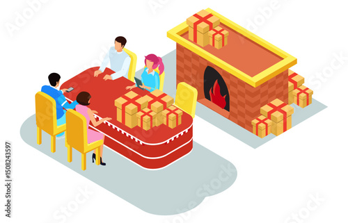 isometric illustration of Christmas celebration with family, eating together at the table accompanied by a fireplace and Christmas tree