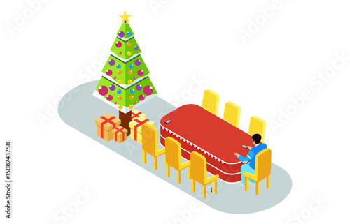 isometric illustration of Christmas celebration with family, eating together at the table accompanied by a fireplace and Christmas tree