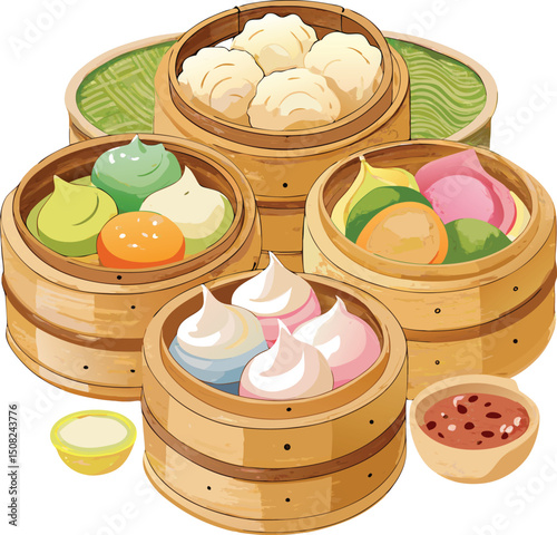 Colorful Dumplings in Bamboo Steamers: Asian Cuisine, Dim Sum, Food Illustration, Vector Art, Chinese Food, Gourmet Treats