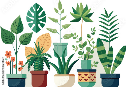 Assorted Potted House Plants Vector Illustration: Green Foliage, Indoor Decor, Botanical Art, Modern Flat Design, Home Gardening Concept