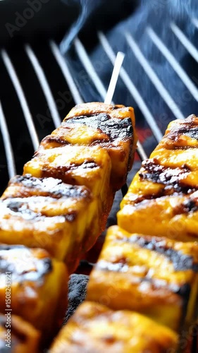 Close up of two flavorful golden-brown paneer skewers cooking over hot charcoal grill, smoke rising, creating char and caramelization.