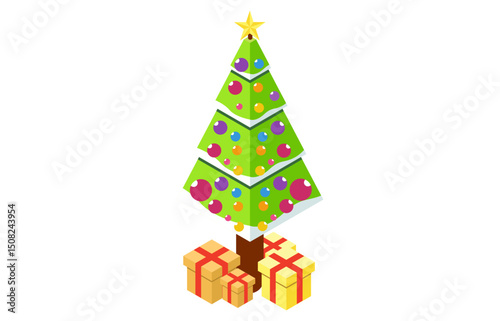 isometric illustration of Christmas celebration with family, eating together at the table accompanied by a fireplace and Christmas tree