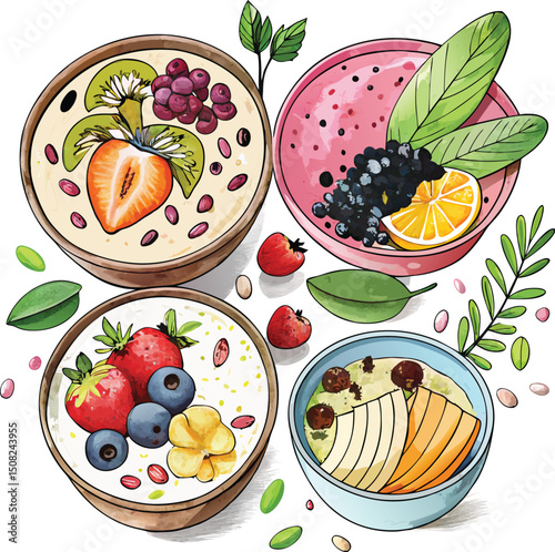 Colorful Smoothie Bowls Illustration: Healthy Breakfast Food Art with Fruits, Berries, Kiwi, Mango, Strawberries, and Vibrant Watercolor Style