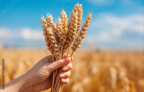 A close-up of five grains and rice ears in hand