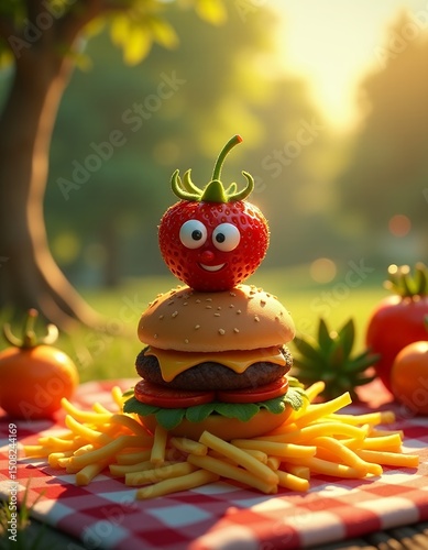 Whimsical strawberry burger stack creative food illustration