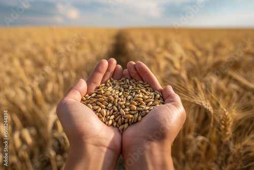 A close-up of five grains and rice ears in hand