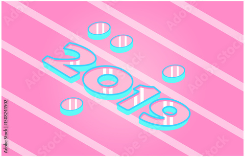 isometric illustration happy new year 2019, the landing web, flat illustration, banner, vector illustration