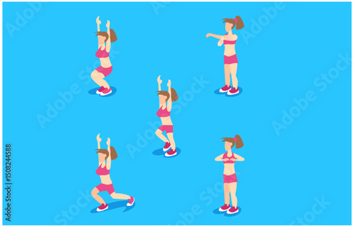 isometric illustration of warming movement before gymnastics, flat design, brochure, web landing, vector illustration
