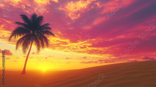 A surreal tropical sunset with intense shades of pink, orange, and yellow stretching across the sky. 