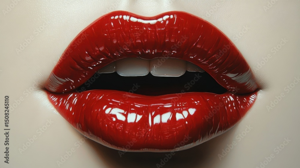 Obraz premium Luscious red lips with glossy finish conveying a bold beauty statement in a close-up view