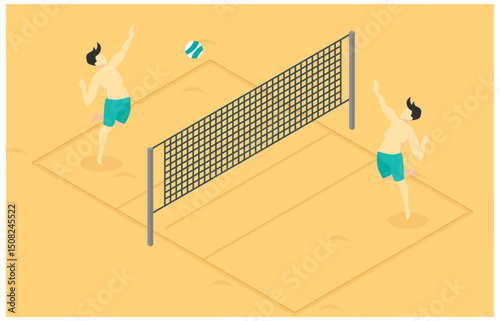 isometric illustration of hitting beach volleyball position, flat design, suitable for digital asset vector illustration