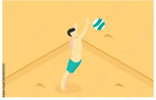 isometric illustration of hitting beach volleyball position, flat design, suitable for digital asset vector illustration