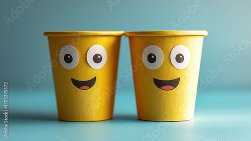 Bright yellow cups with cheerful faces on a blue background create a playful and inviting atmosphere for celebrations and gatherings