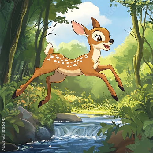 A fawn leaps playfully through a lush forest.