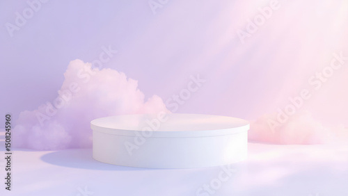 White round podium pastel clouds dreamy background