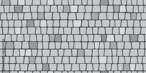 Paved stone seamless pattern. Pavement tile texture. Stone mosaic background. Cobble floor interior pattern. Block sidewalk ornament. Vector illustration isolated on gray background.