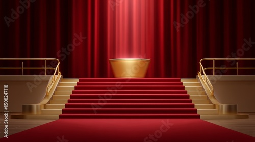 Elegant Theater Stage with Red Plush Carpet and Golden Railings Illuminated by Spotlight