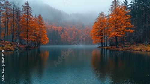 Lakeshore Forest in Peak Autumn with Golden Orange Foliage Reflected in Calm Waters