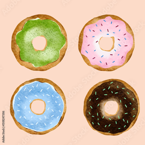 Watercolor Donut Clipart Set – Colorful Frosted Donuts with Sprinkles and Bites. Delicious and playful donut clipart set hand-painted in watercolor style. 