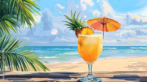 Tropical beach scene with a refreshing drink.