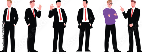 Businessmen standing in various professional poses, wearing suits and red ties, communicating confidently, teamwork, leadership, office interaction, corporate lifestyle, 